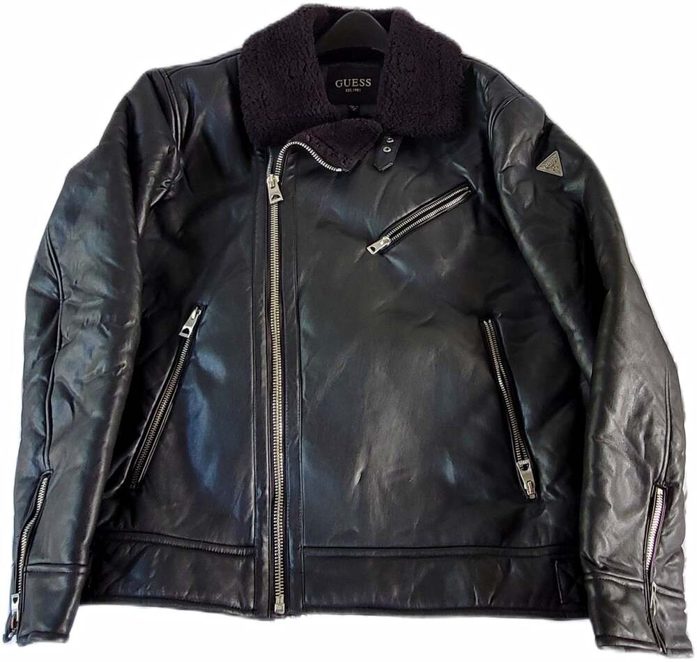 Guess Men's Size M Black Sherpa Lined Vegan Leather Moto Zip Bomber Jacket - New